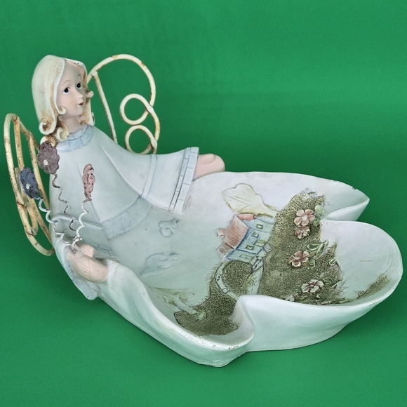 Vintage Angel Trinket Dish Countryside Scene Ceramic & Metal Wings Shabby Chic - Picture 3 of 8